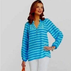 Lilly Pulitzer 100% Silk Blue Stripped Blouse Size XS
